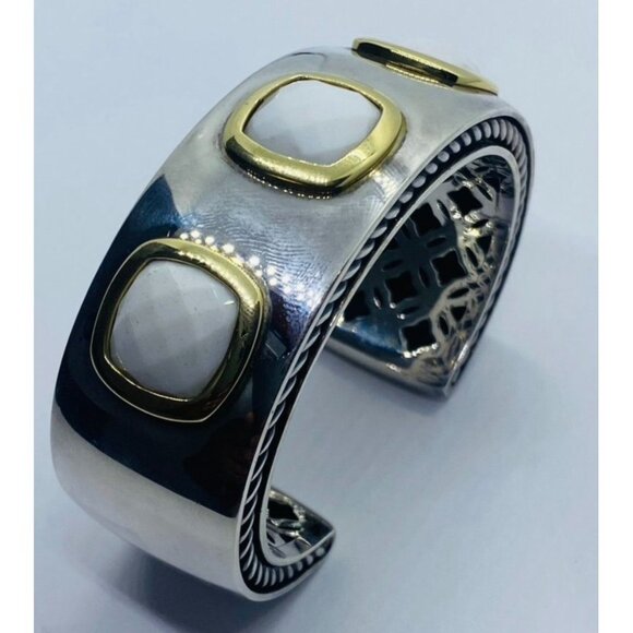 DAVID YURMAN SILVER 925 & 18K GOLD ALBION WHITE AGATE 25MM Wide - Picture 13 of 16